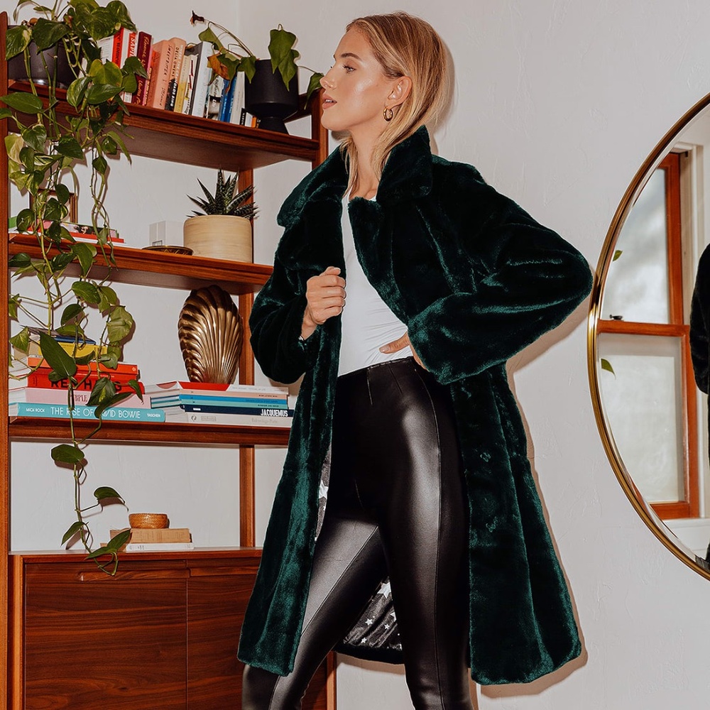 Lulus Dark Forest Green Faux Fur Long Coat